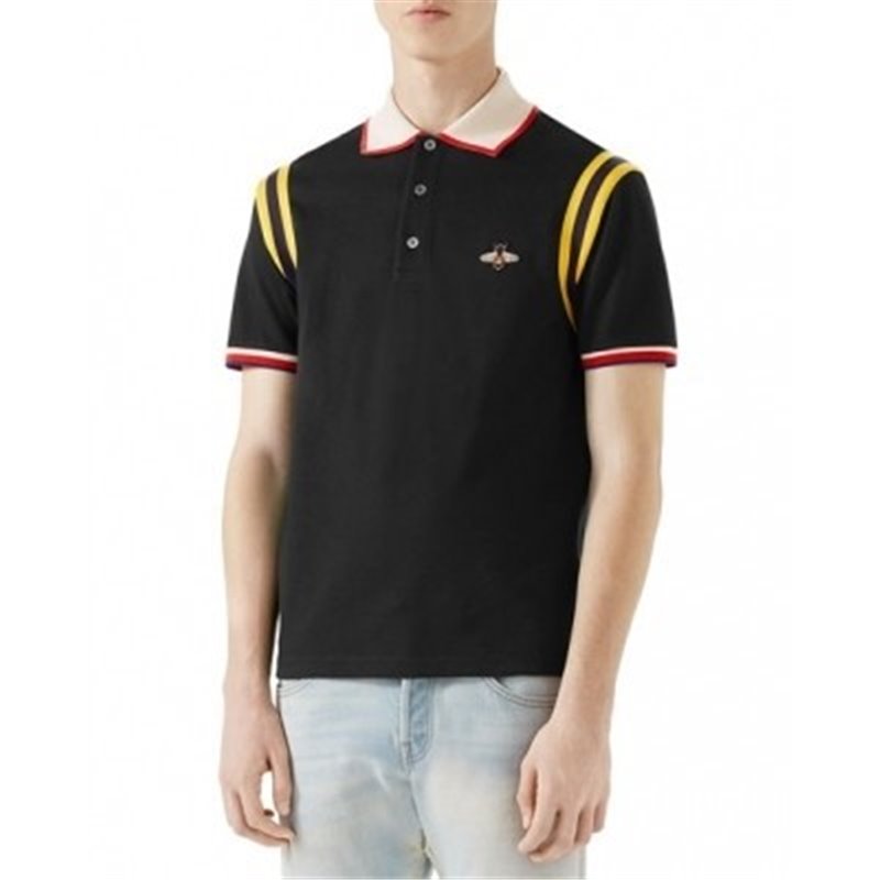 GUCCI Men's Stripe Sleeve Bee Polo Shirt Black